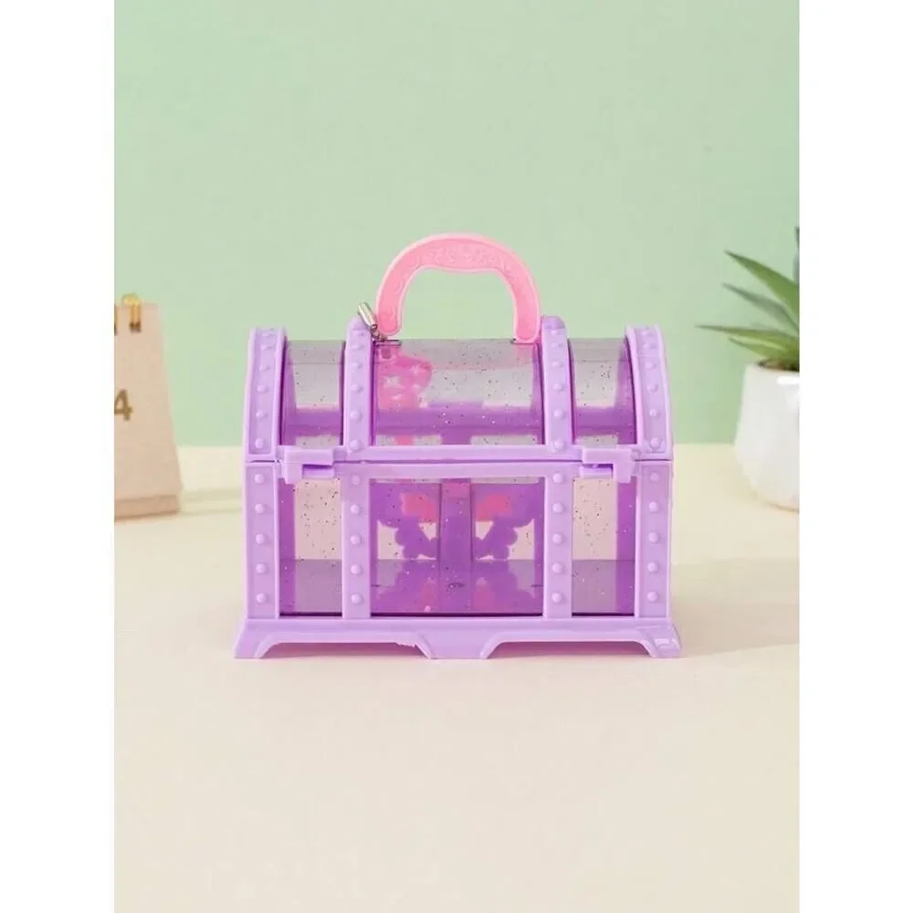 Purple Treasure Box & Key Girls Kids Organizer Plastic Jewelry Play Gift Cute